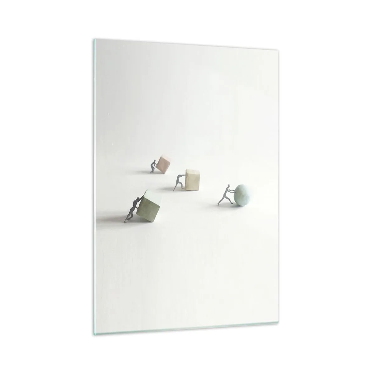 Impression sur verre - Image sur verre - Des figurines miniatures roulent et poussent des formes géométriques. - 50x70cm - Rien que la vie - Décoration murale moderne pour le salon et la chambre ARTTOR