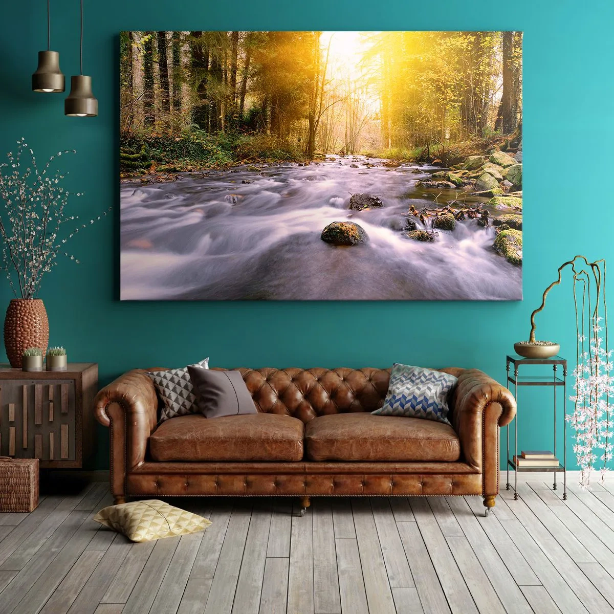 Impression sur toile - Image sur toile - Un ruisseau forestier illuminé par les rayons du soleil - 120x80cm - Malachite dans un cadre argent et or - Décoration murale moderne pour le salon et la chambre ARTTOR