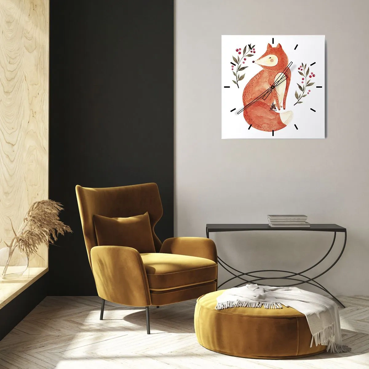 Horloge murale - Pendule murale - Un renard aquarelle entouré de brindilles avec des baies - 30x30cm - Petit rouquin - Décoration murale moderne pour le salon et la chambre ARTTOR