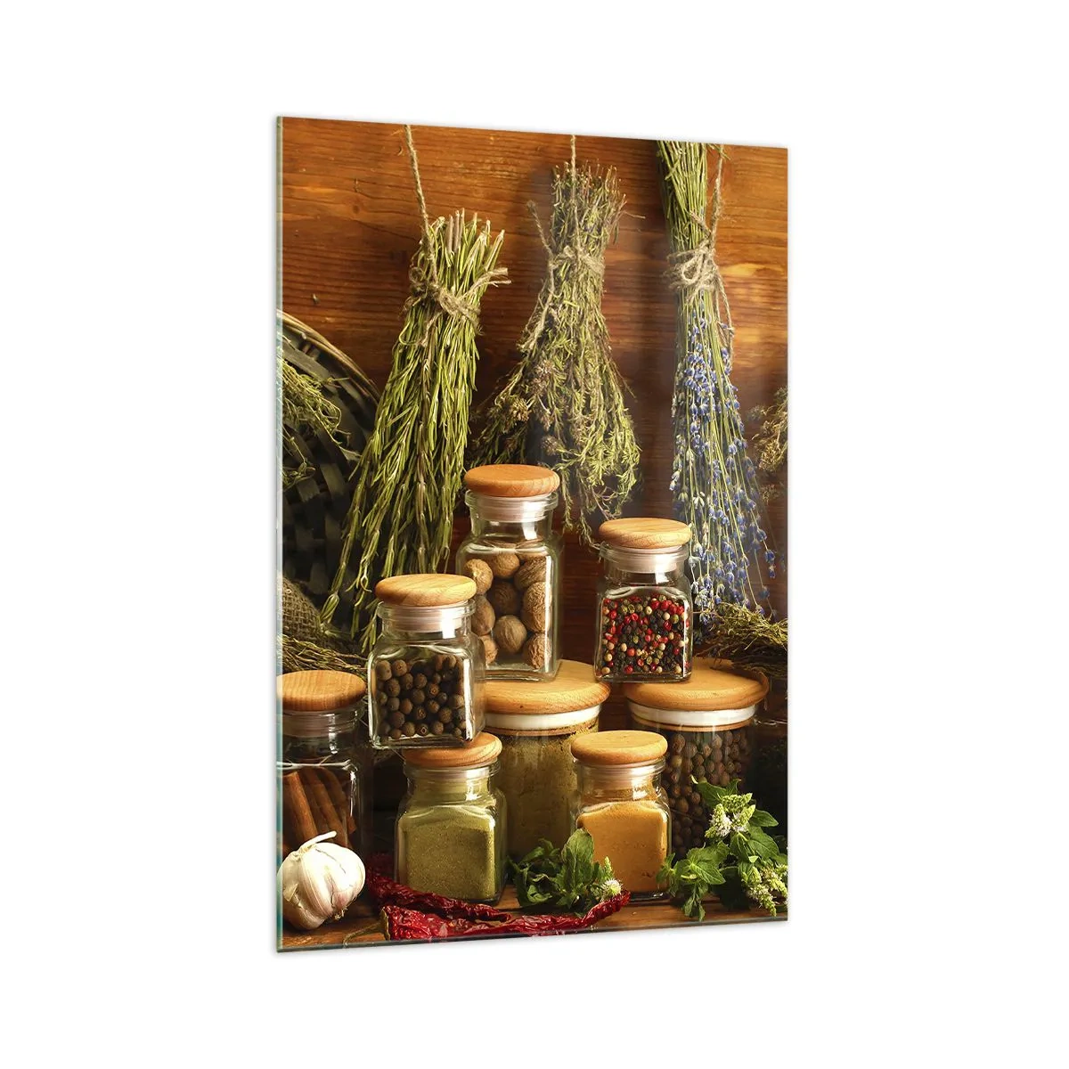 Impression sur verre - Image sur verre - Herbes et épices en pots sur fond rustique - 70x100cm - Sortilèges de cuisine - Décoration murale moderne pour le salon et la chambre ARTTOR