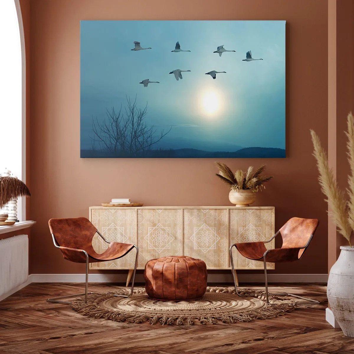 Impression sur toile - Image sur toile - Cygnes volants le matin - 120x80cm - Dis au revoir à l'été pour un an - Décoration murale moderne pour le salon et la chambre ARTTOR