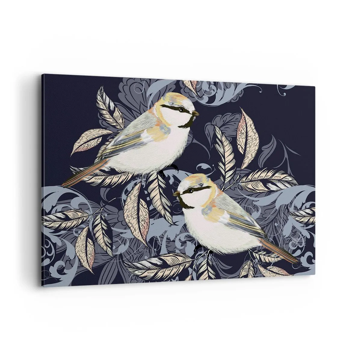Impression sur toile - Image sur toile - Oiseaux sur des branches dans un arrière-plan ornemental - 120x80cm - Babillement jaune et bleu - Décoration murale moderne pour le salon et la chambre ARTTOR