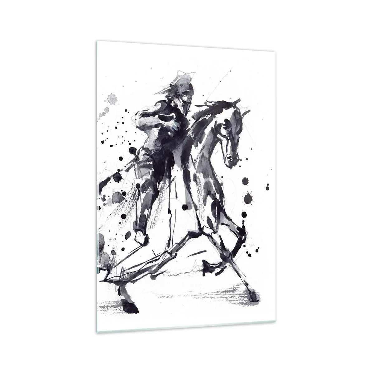 Impression sur verre - Image sur verre - Aquarelle noir et blanc d'un cavalier sur un cheval au galop - 70x100cm - Chevalier noir - Décoration murale moderne pour le salon et la chambre ARTTOR
