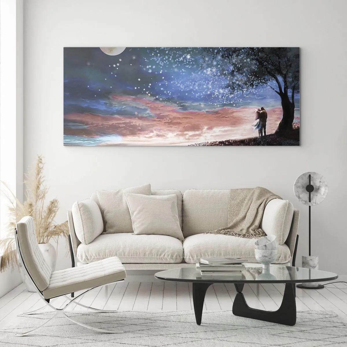Impression sur verre - Image sur verre - Scène de couple romantique sous la pleine lune - 120x50cm - Spectacle étoilé - Décoration murale moderne pour le salon et la chambre ARTTOR