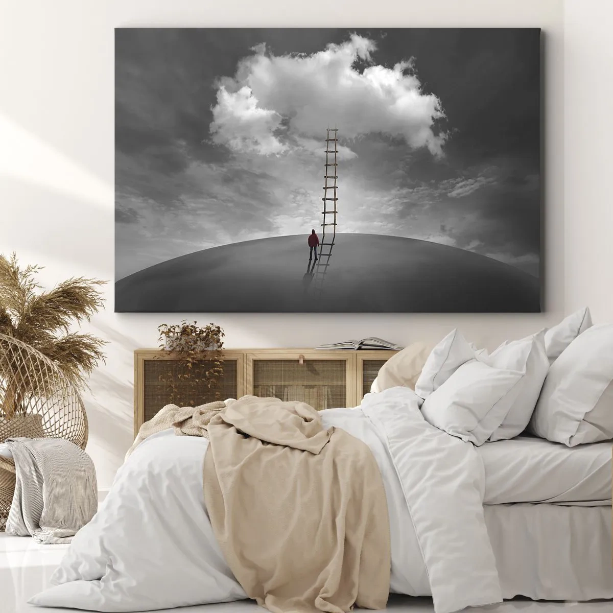 Impression sur toile - Image sur toile - Une personne portant un manteau rouge et une échelle menant à un nuage - 120x80cm - Tout est possible - Décoration murale moderne pour le salon et la chambre ARTTOR