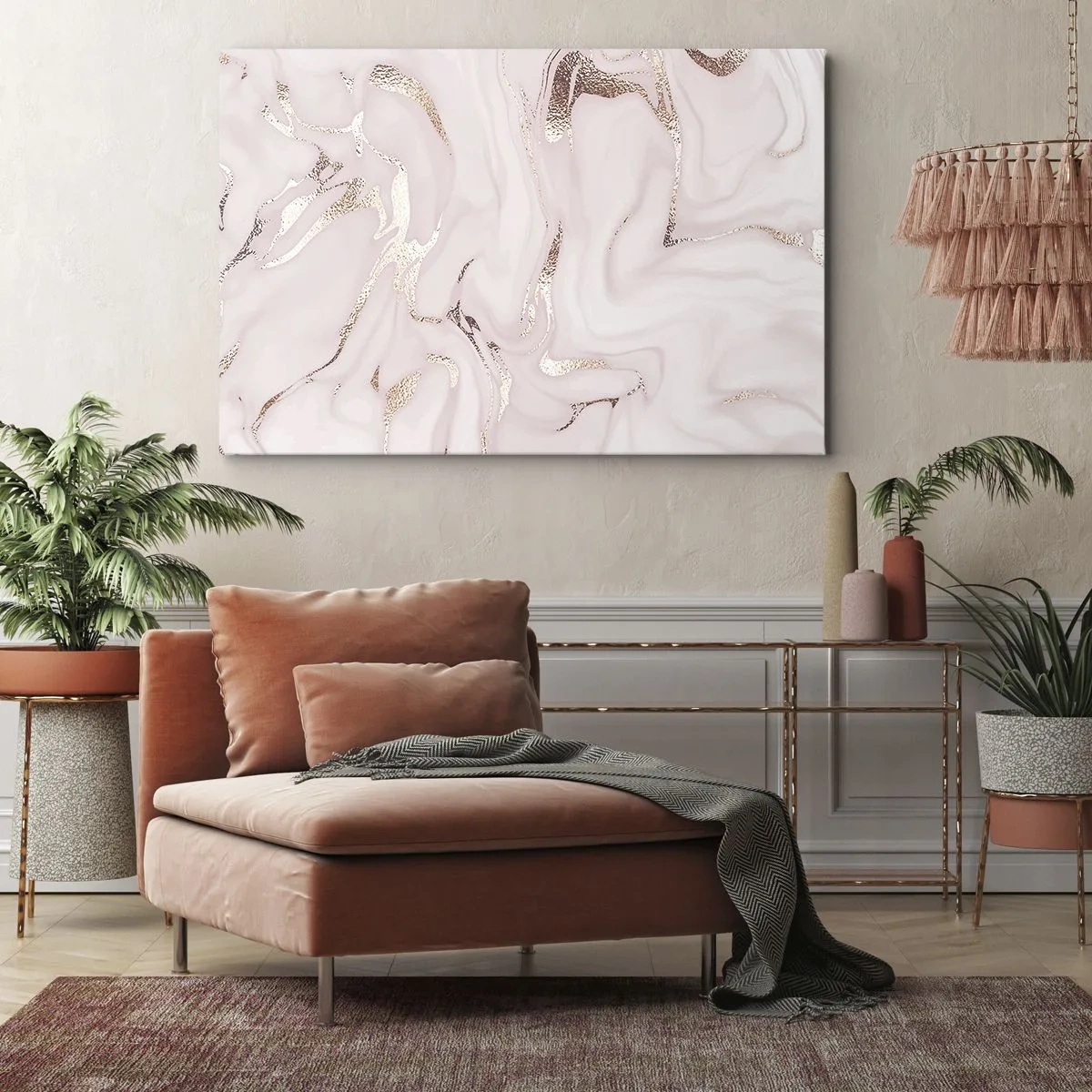 Impression sur toile - Image sur toile - Abstraction élégante dans des tons de rose et d'or - 70x50cm - Dans un châle rose - Décoration murale moderne pour le salon et la chambre ARTTOR