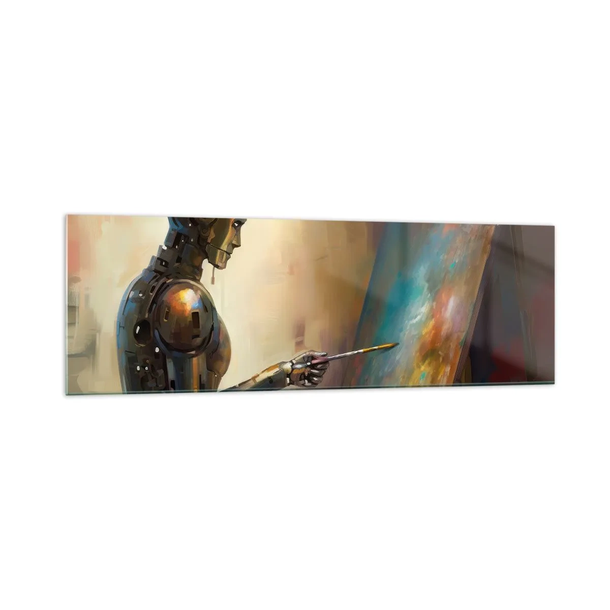 Impression sur verre - Image sur verre - Un robot peignant sur une toile dans un style artistique - 160x50cm - L'art du futur - Décoration murale moderne pour le salon et la chambre ARTTOR