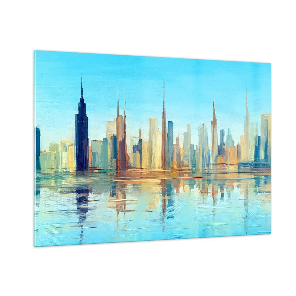 Impression sur verre - Image sur verre - Un panorama de la métropole reflété dans l'eau sous un ciel bleu - 100x70cm - Une métropole ensoleillée - Décoration murale moderne pour le salon et la chambre ARTTOR