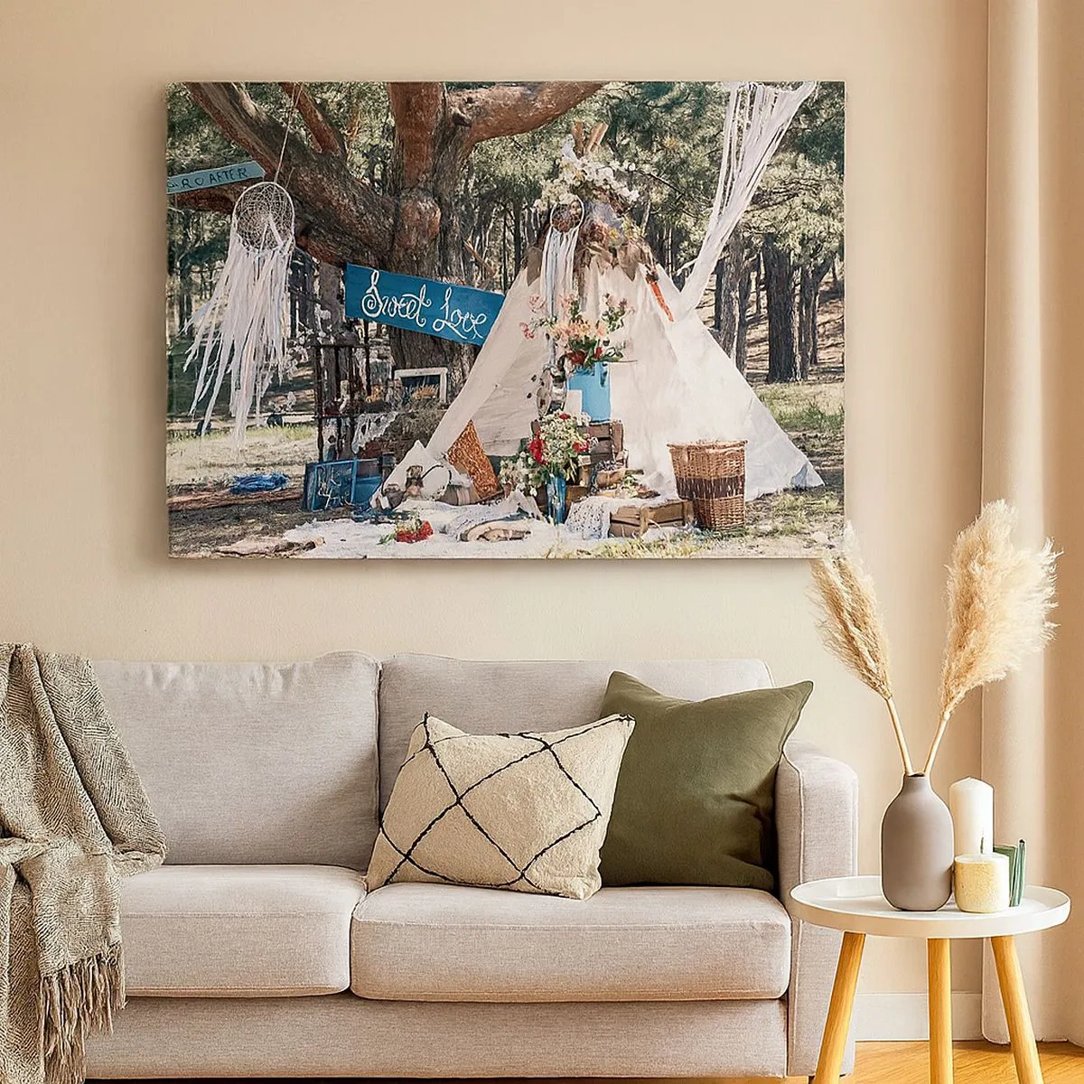 Impression sur toile - Image sur toile - Décoration bohème avec un tipi dans la forêt - 70x50cm - Make love… - Décoration murale moderne pour le salon et la chambre ARTTOR
