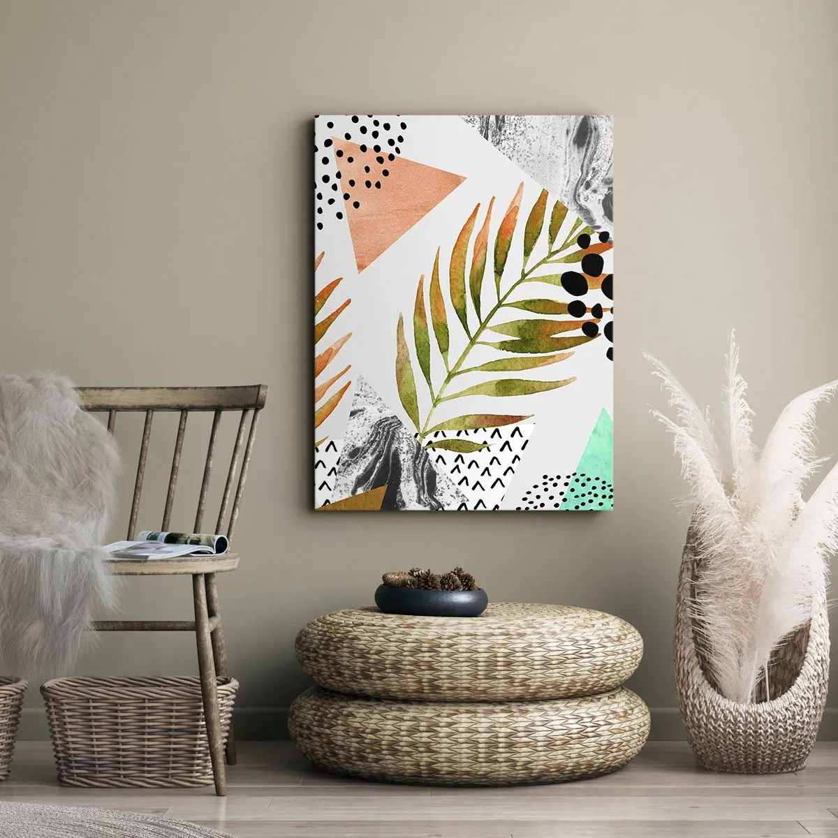 Impression sur toile - Image sur toile - Motif tropical avec des feuilles et des formes géométriques - 50x70cm - Décoration avec feuille de palmier - Décoration murale moderne pour le salon et la chambre ARTTOR