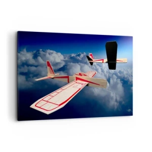 Impression sur toile - Image sur toile - Deux avions en bois planant au-dessus des nuages contre un ciel bleu. - 120x80cm - Encore plus haut, encore plus loin - Décoration murale moderne pour le salon et la chambre ARTTOR