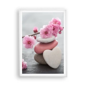 Affiche dans un cadre blanc - Poster - Le bonheur avec une fleur de cerisier - 70x100 cm