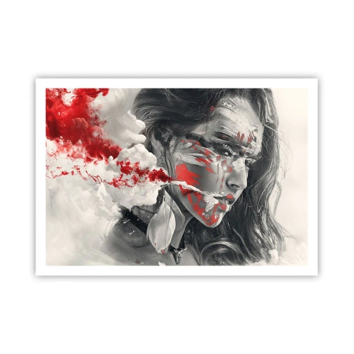 Affiche - Poster - Portrait artistique d'une femme aux accents rouges abstraits - 100x70cm - Dans les fumées de l'absurde - Décoration murale moderne pour le salon et la chambre ARTTOR