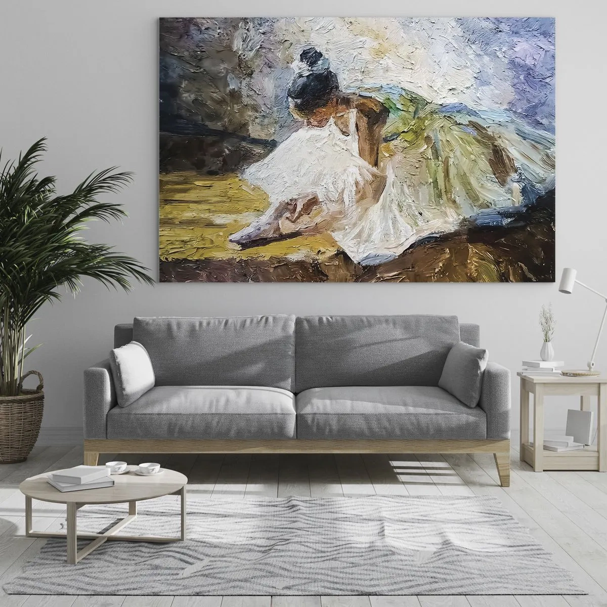 Impression sur verre - Image sur verre - Une ballerine penchée en avant dans une robe blanche peinte avec une texture à l'huile - 120x80cm - D'après un tableau de Degas - Décoration murale moderne pour le salon et la chambre ARTTOR