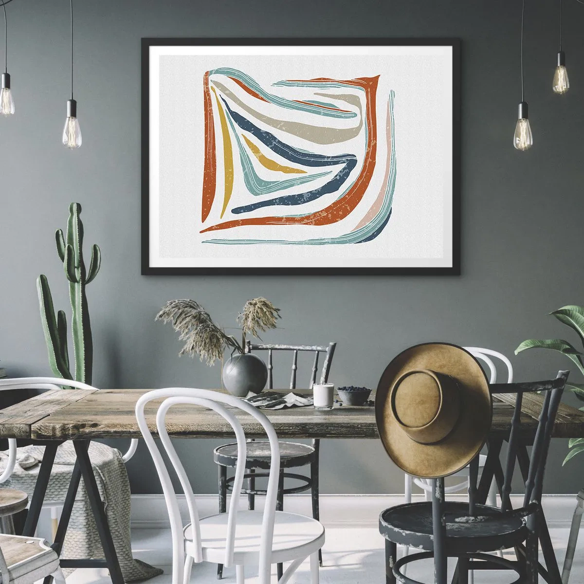 Affiche dans un cadre noir - Poster - Lignes colorées et dynamiques dans les tons de bleu, orange et beige - 70x50cm - Abstraction avec un sourire amical - Décoration murale moderne pour le salon et la chambre ARTTOR
