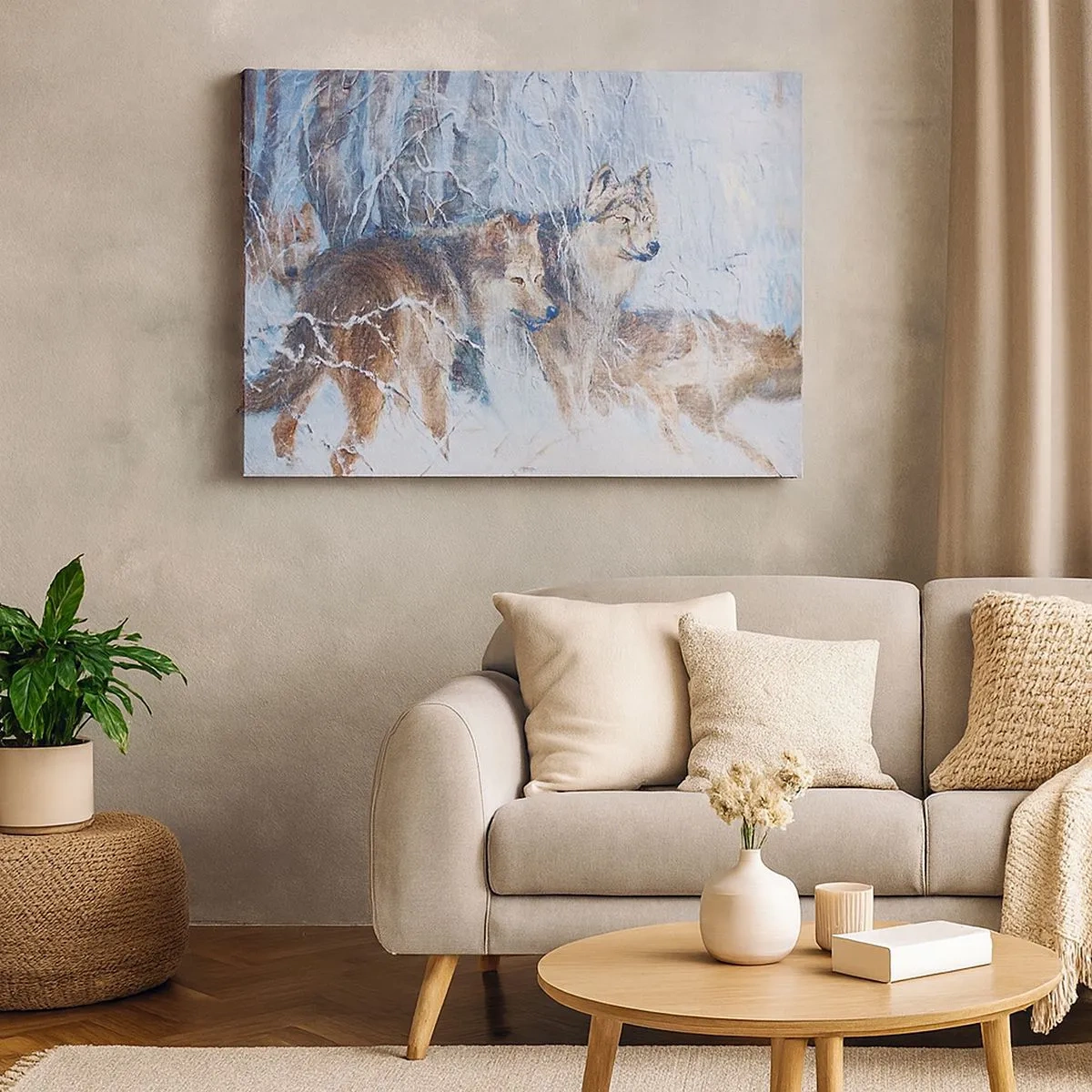 Impression sur toile - Image sur toile - Loups dans une forêt hivernale sur fond de neige - 70x50cm - Attention! Ca arrive ... - Décoration murale moderne pour le salon et la chambre ARTTOR