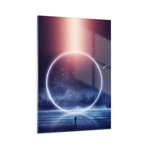 Impression sur verre - Image sur verre - Un cercle de lumière au-dessus du lac parmi le ciel nocturne et la forêt - 50x70cm - Ils sont déjà là... - Décoration murale moderne pour le salon et la chambre ARTTOR