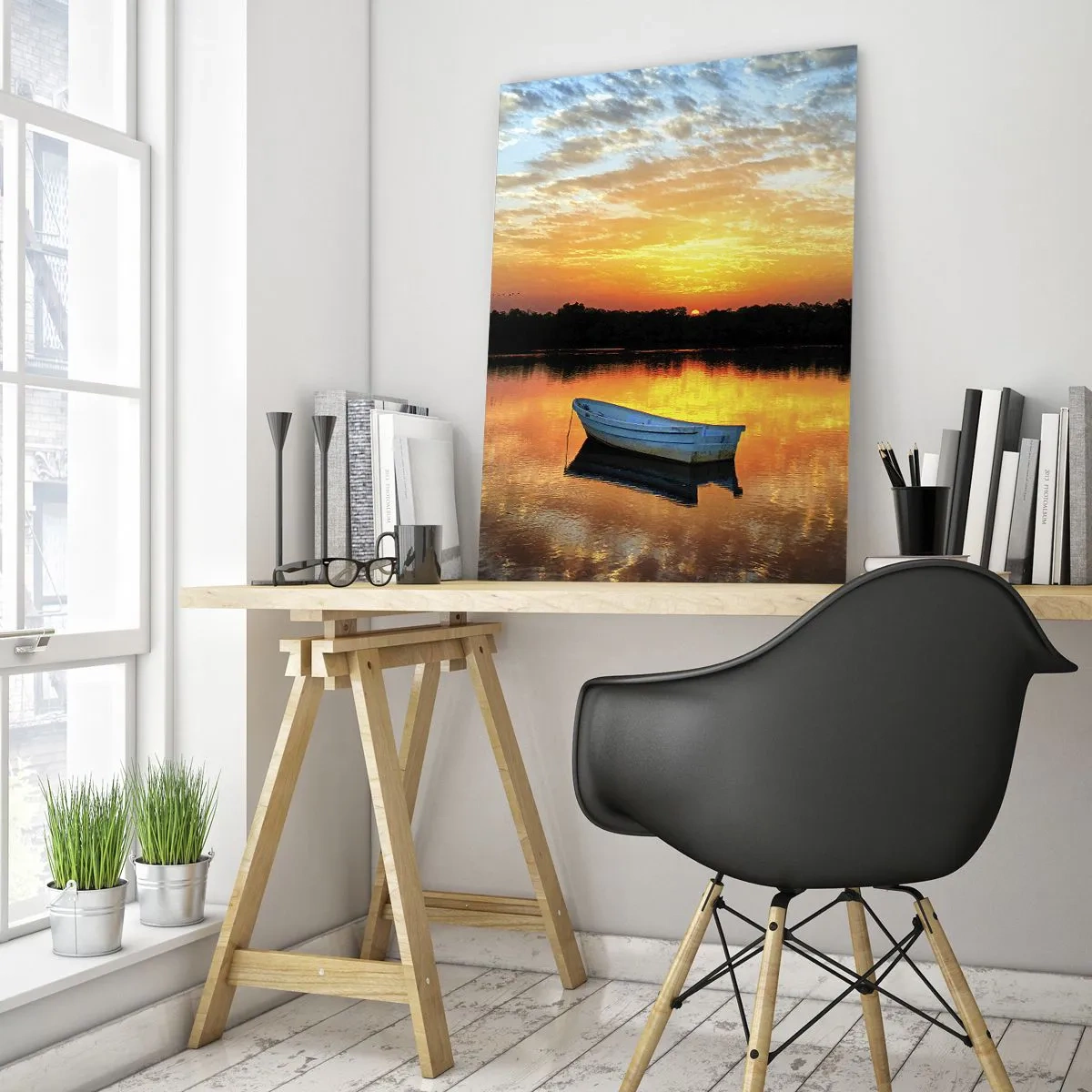 Impression sur verre - Image sur verre - Un bateau sur un lac calme sous les rayons du soleil couchant - 50x70cm - Regardez, écoutez, méditez - Décoration murale moderne pour le salon et la chambre ARTTOR