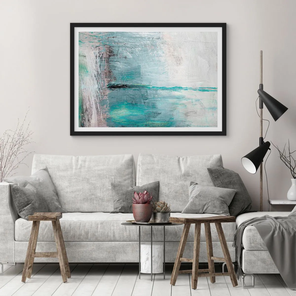 Affiche dans un cadre noir - Poster - Abstraction dans les tons turquoise et gris - 100x70cm - Horizontalement en bleu - Décoration murale moderne pour le salon et la chambre ARTTOR