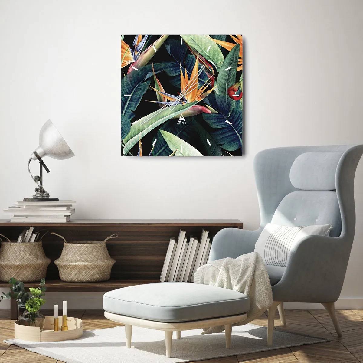 Horloge murale - Pendule murale - Fleurs et feuilles tropicales sur fond noir - 30x30cm - Fleurs flamboyantes des tropiques - Décoration murale moderne pour le salon et la chambre ARTTOR