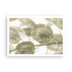 Affiche - Poster - Une peinture délicate de feuilles dans des tons pastel de vert sur un fond clair. - 100x70cm - Au commencement il y avait des feuilles... - Décoration murale moderne pour le salon et la chambre ARTTOR