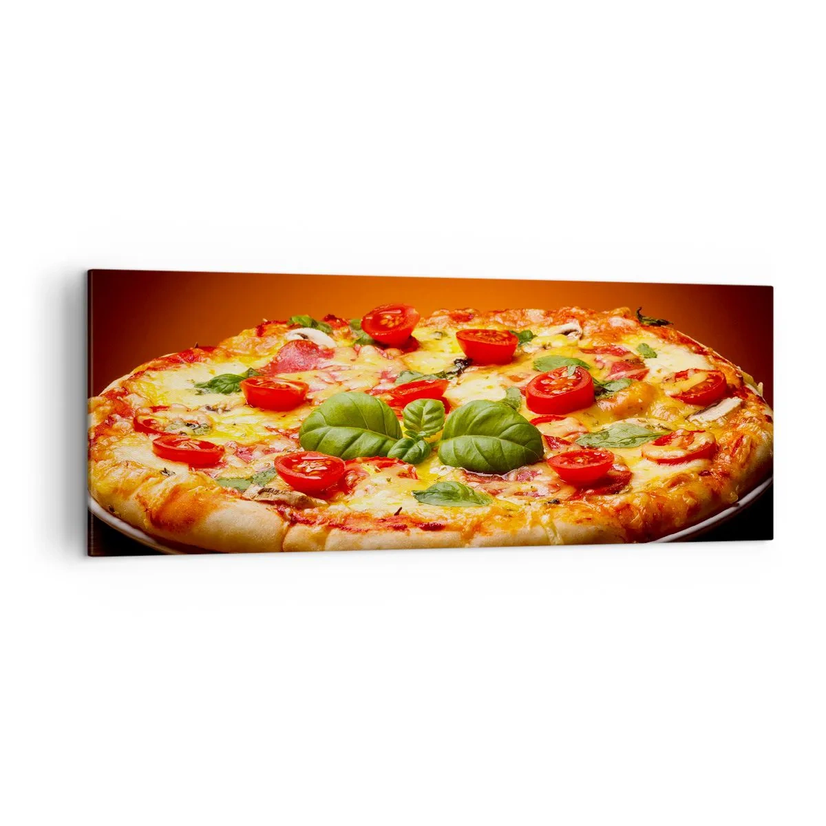 Impression sur toile - Image sur toile - Pizza aux tomates et au basilic sur une table en bois - 140x50cm - Mamma mia! - Décoration murale moderne pour le salon et la chambre ARTTOR