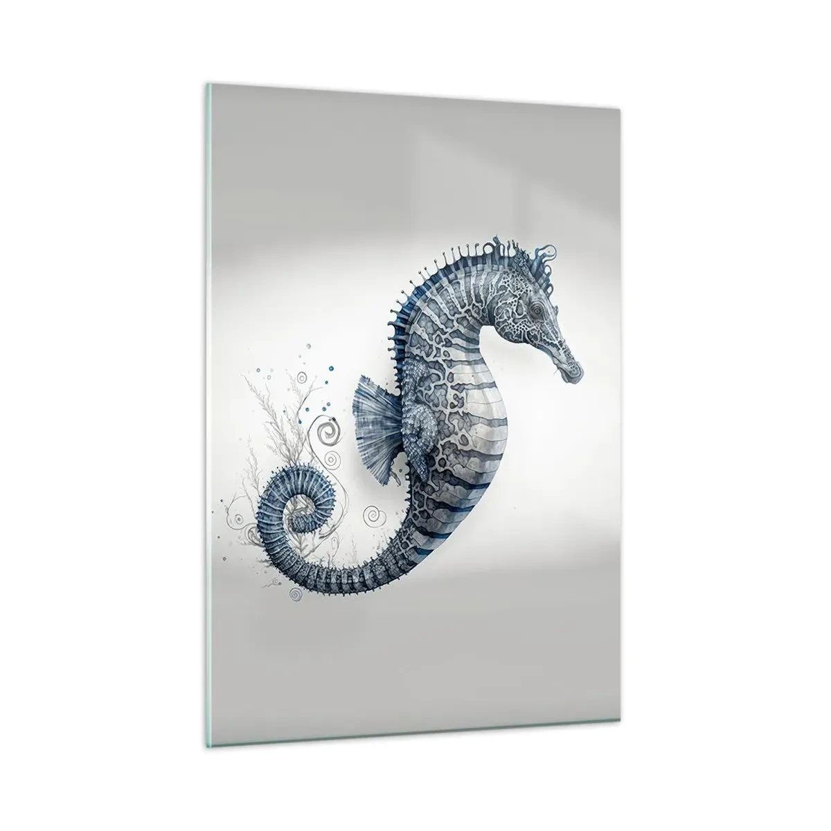 Impression sur verre - Image sur verre - Hippocampe bleu sur fond clair dans un style de dessin - 50x70cm - Une subtile plaisanterie de la nature - Décoration murale moderne pour le salon et la chambre ARTTOR