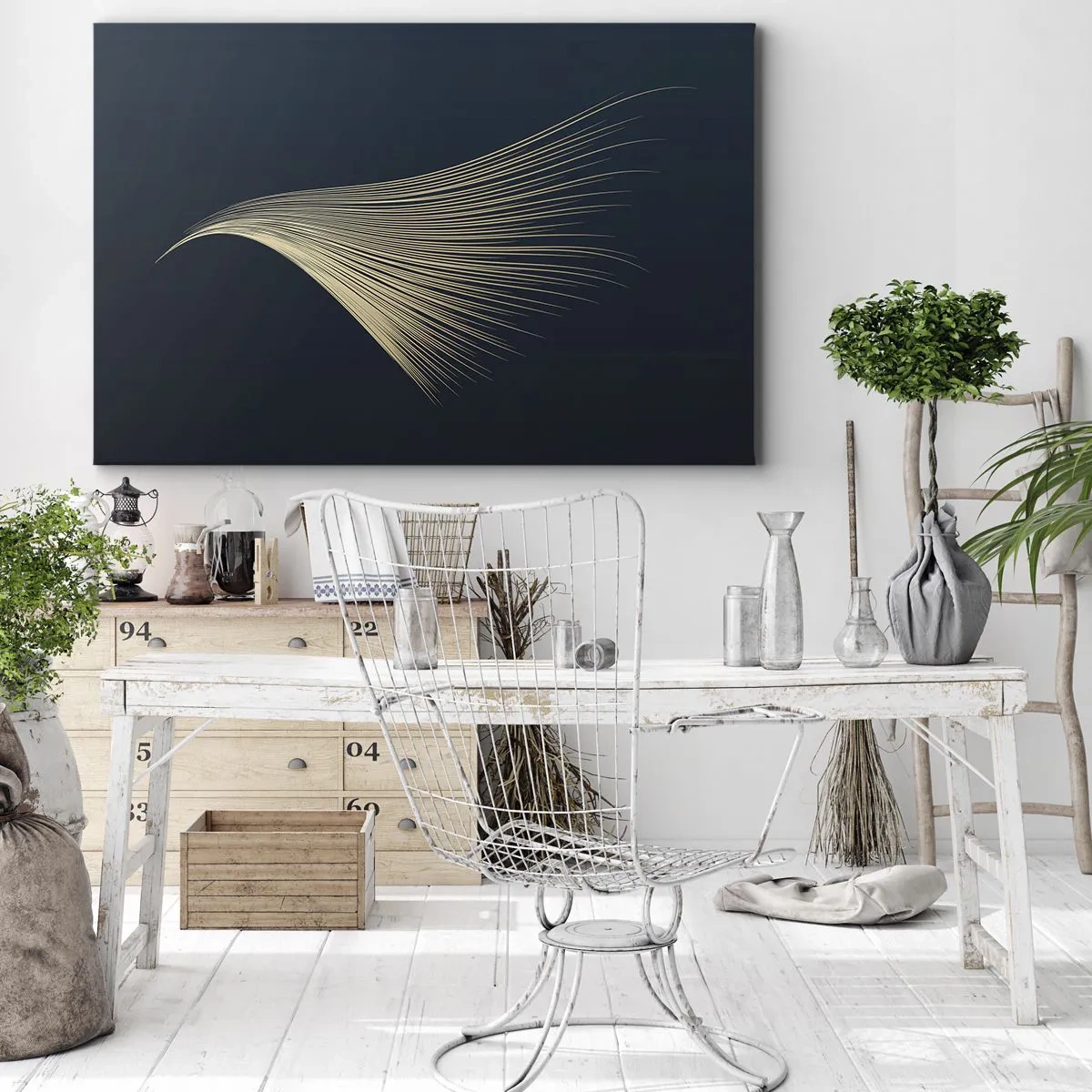 Impression sur toile - Image sur toile - Une ligne délicate en forme de plume sur un fond bleu marine - 70x50cm - Comme les cheveux d'un ange - Décoration murale moderne pour le salon et la chambre ARTTOR