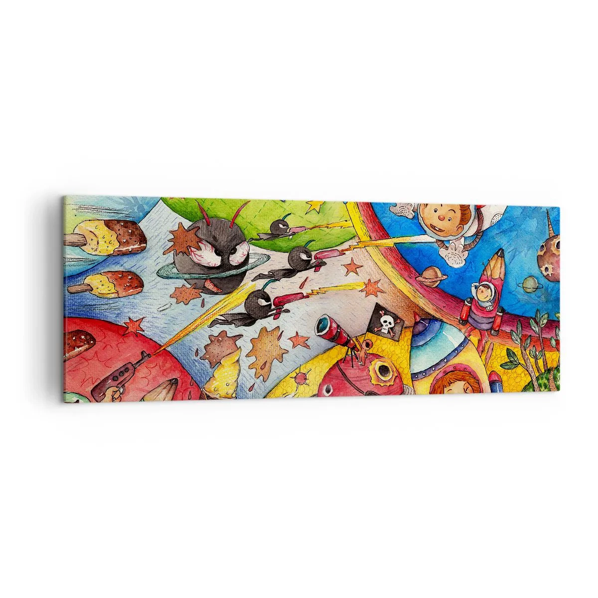 Impression sur toile - Image sur toile - Une scène spatiale colorée pleine d'enfants et de vaisseaux spatiaux - 140x50cm - Grande aventure spatiale - Décoration murale moderne pour le salon et la chambre ARTTOR