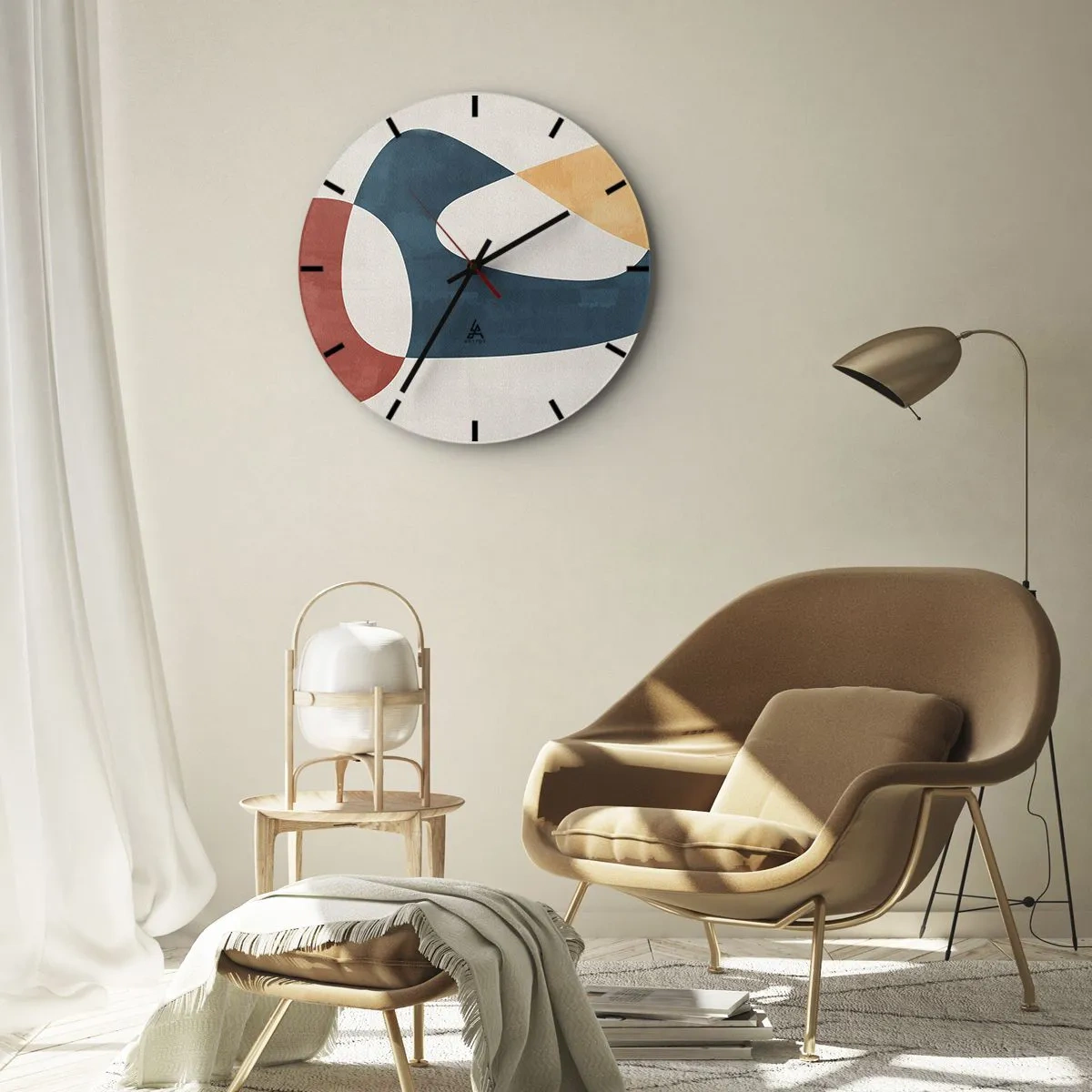 Horloge murale - Pendule murale - Formes abstraites dans les tons de rouge, bleu marine et beige - 30x30cm - Influences et métamorphoses - Décoration murale moderne pour le salon, la cuisine et la chambre ARTTOR