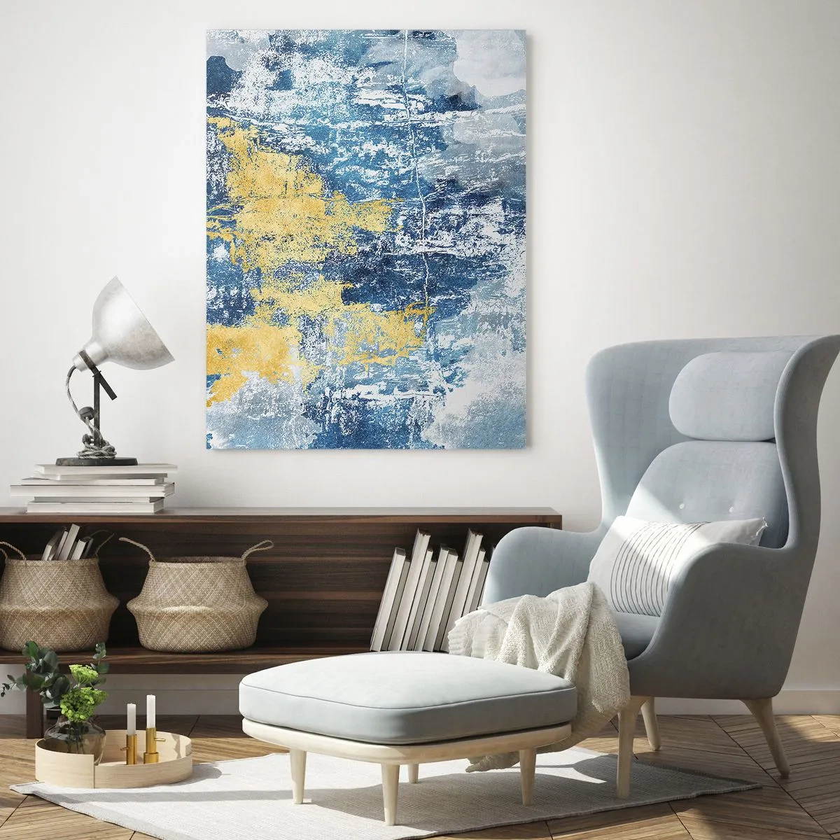 Impression sur verre - Image sur verre - Abstraction bleue et jaune avec un effet vieilli et texturé - 50x70cm - Abstraction du temps - Décoration murale moderne pour le salon et la chambre ARTTOR