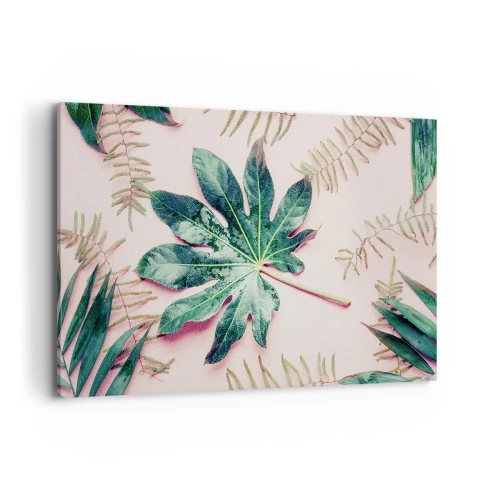 Impression sur toile - Image sur toile - Feuilles tropicales sur fond pastel clair - 120x80cm - Étude de verdure sur fond rose - Décoration murale moderne pour le salon et la chambre ARTTOR