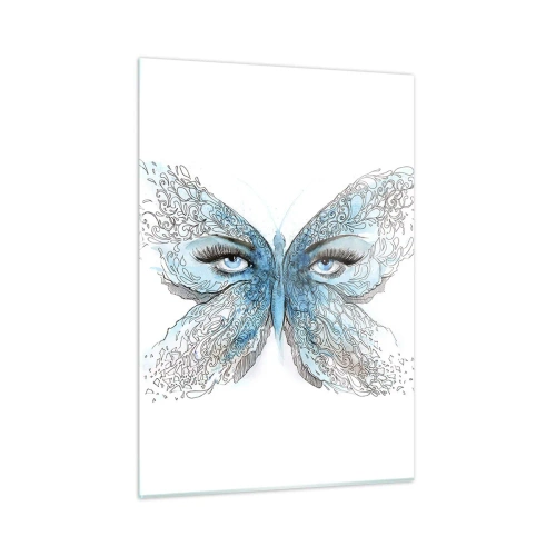 Impression sur verre - Image sur verre - Un papillon aux ailes bleues et aux yeux humains dans un style artistique. - 50x70cm - Mésange bleue Eros - Décoration murale moderne pour le salon et la chambre ARTTOR