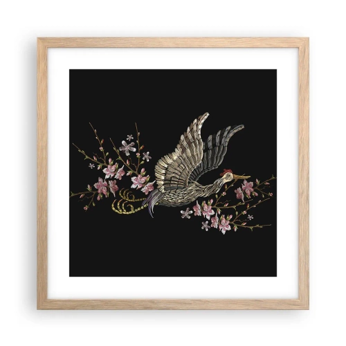 Affiche dans un chêne clair - Poster - Oiseau brodé exotique - 40x40 cm