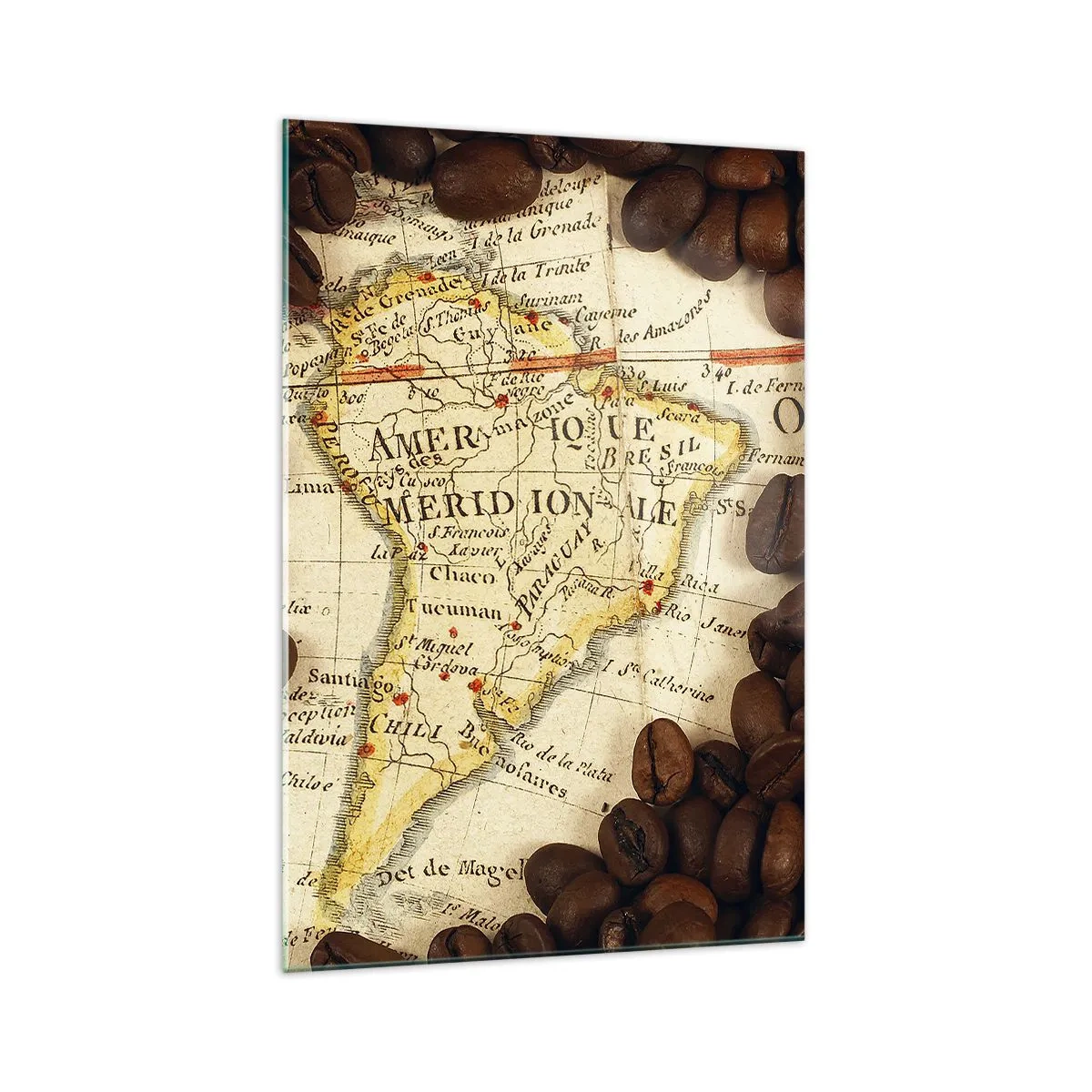 Impression sur verre - Image sur verre - Une carte de l'Amérique du Sud entourée de grains de café. - 70x100cm - D'où vient le meilleur café ? - Décoration murale moderne pour le salon et la chambre ARTTOR