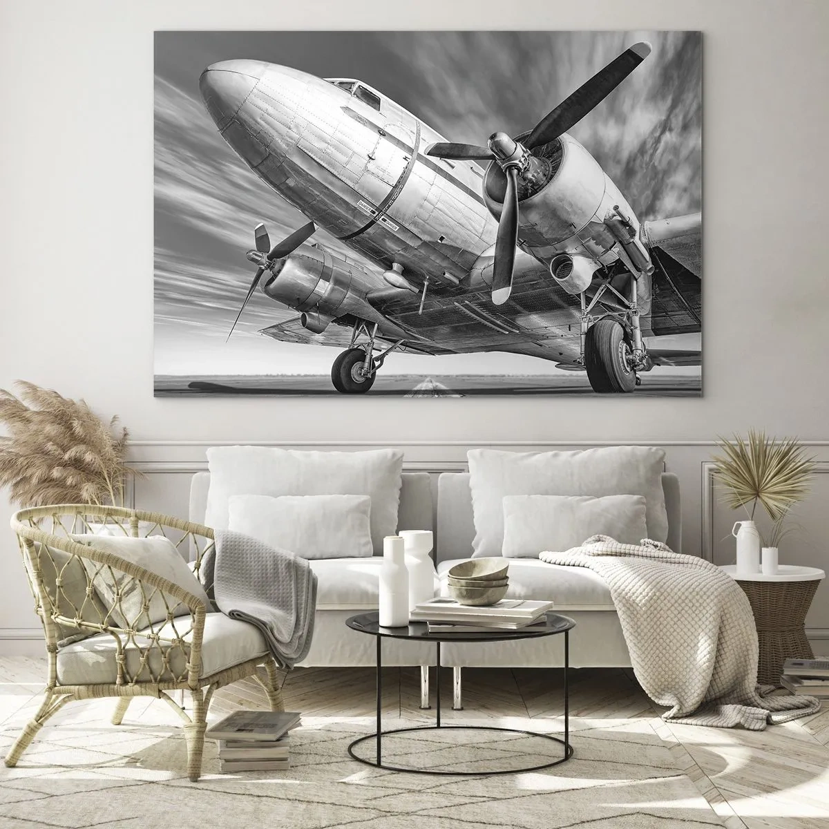 Impression sur verre - Image sur verre - Un avion à hélice noir et blanc sur la piste - 120x80cm - Toujours prêt à voler - Décoration murale moderne pour le salon et la chambre ARTTOR