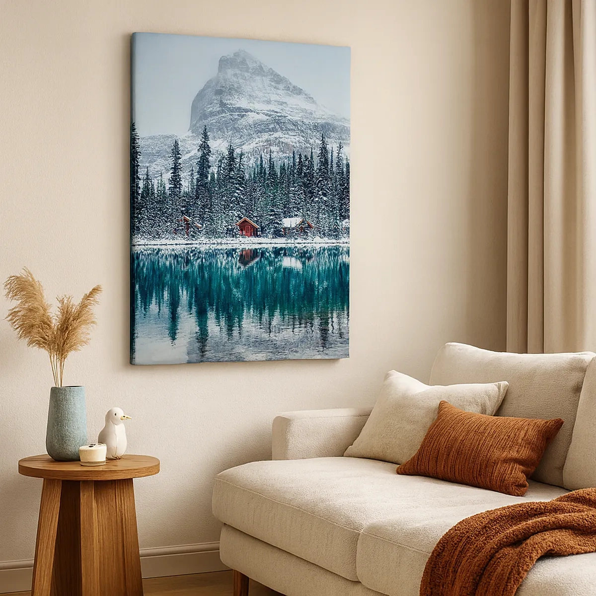 Impression sur toile - Image sur toile - Paysage d'hiver avec des chalets dans la forêt au bord d'un lac gelé - 50x70cm - Retraite canadienne - Décoration murale moderne pour le salon et la chambre ARTTOR
