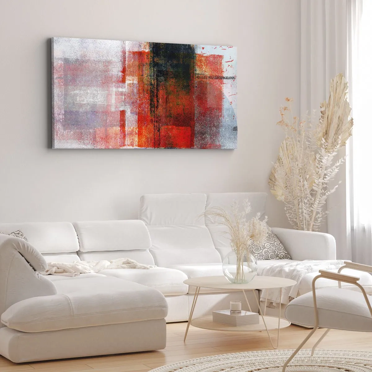 Impression sur toile - Image sur toile - Composition géométrique abstraite avec des accents rouges et oranges - 160x50cm - Composition embrasée - Décoration murale moderne pour le salon et la chambre ARTTOR