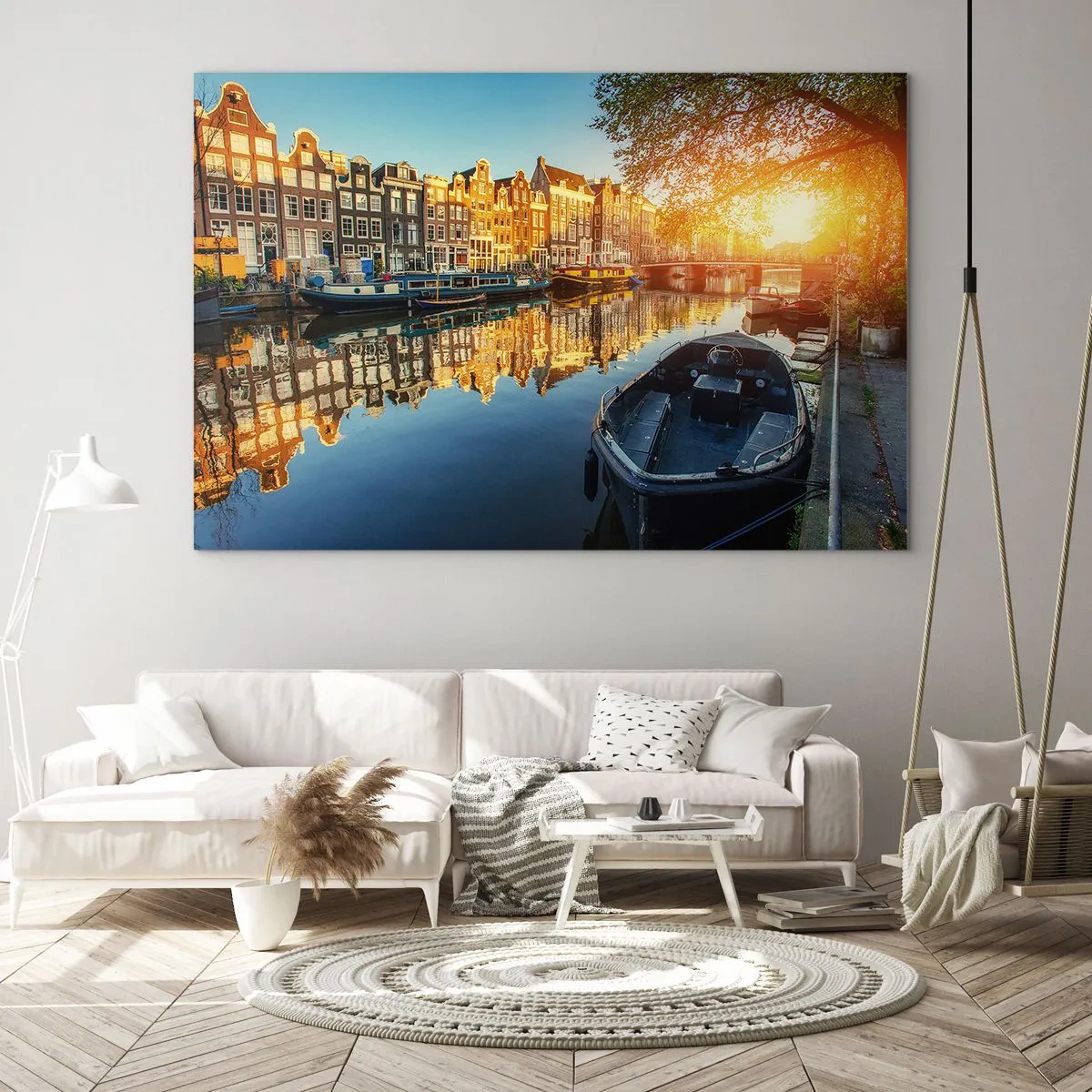 Impression sur verre - Image sur verre - Canal d'Amsterdam au coucher du soleil - 120x80cm - Début de journée à Amsterdam - Décoration murale moderne pour le salon et la chambre ARTTOR