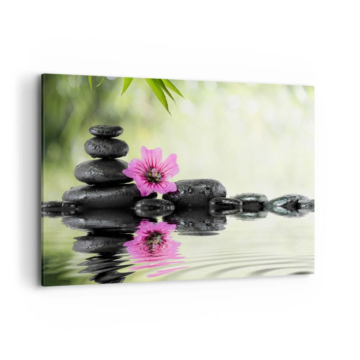 Impression sur toile - Image sur toile - Des pierres zen et une fleur rose se reflétant dans l'eau - 120x80cm - Temps pour l'âme - Décoration murale moderne pour le salon et la chambre ARTTOR