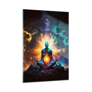 Impression sur verre - Image sur verre - Une silhouette méditative dans une explosion cosmique de couleurs - 50x70cm - Paix cosmique - Décoration murale moderne pour le salon et la chambre ARTTOR