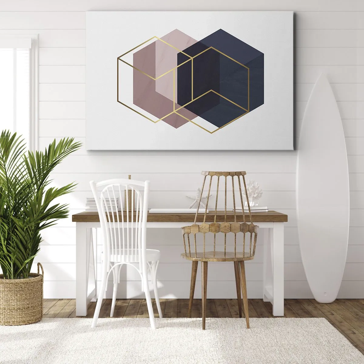 Impression sur toile - Image sur toile - Formes géométriques en lignes dorées sur fond pastel - 70x50cm - Le pouvoir de la simplicité - Décoration murale moderne pour le salon et la chambre ARTTOR
