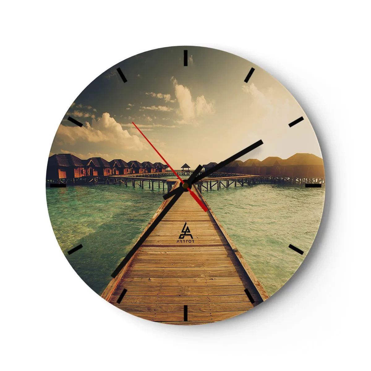 Horloge murale - Pendule murale - La jetée menant aux maisons d'eau dans la lumière du coucher du soleil - 30x30cm - Invitation chaleureuse - Décoration murale moderne pour le salon, la cuisine et la chambre ARTTOR