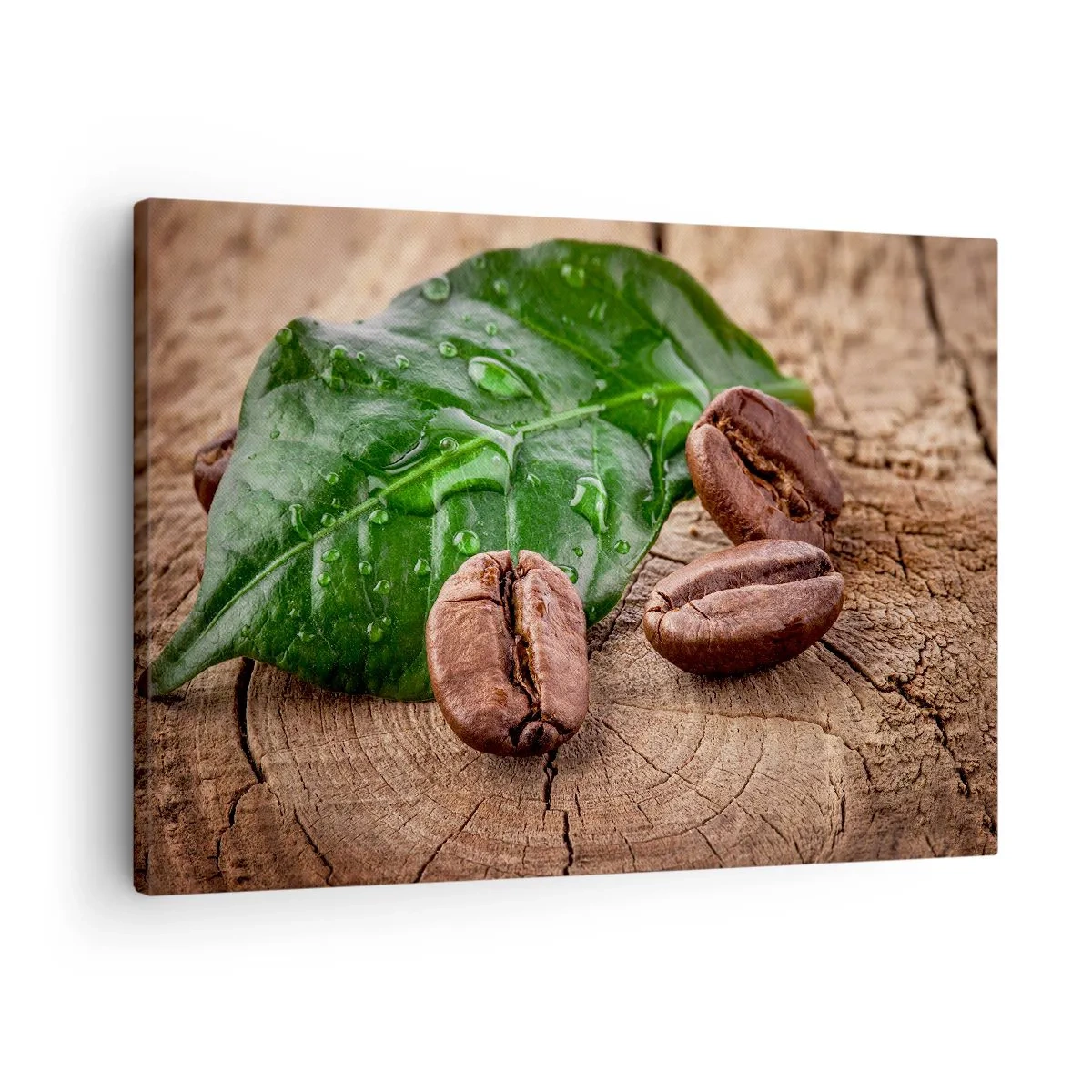Impression sur toile - Image sur toile - Grains de café et feuille verte sur fond de bois - 70x50cm - La plus vraie et noire - Décoration murale moderne pour le salon et la chambre ARTTOR