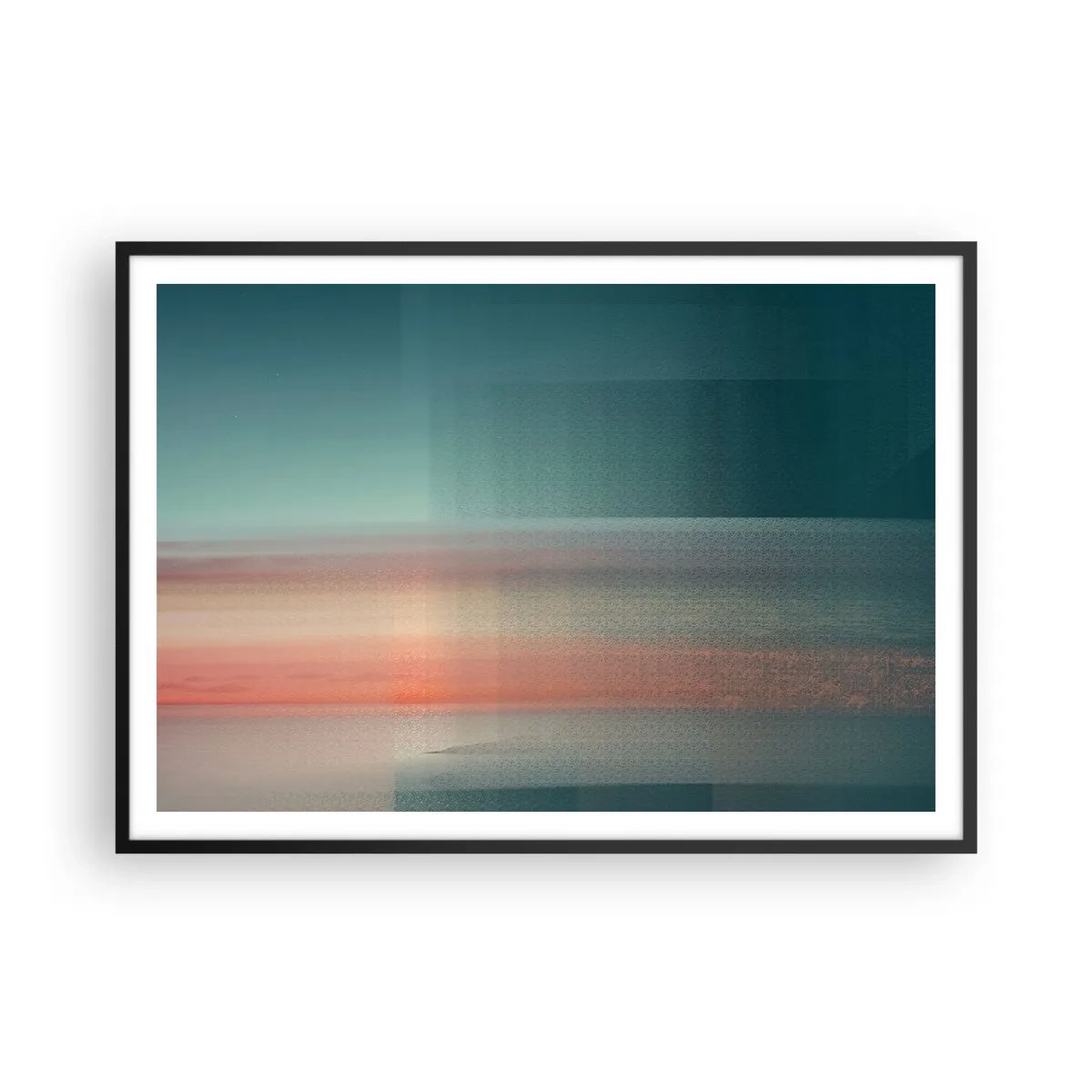 Affiche dans un cadre noir - Poster - Un coucher de soleil aux tons pastel sur un horizon calme - 100x70cm - Résumé : vagues de lumière - Décoration murale moderne pour le salon et la chambre ARTTOR