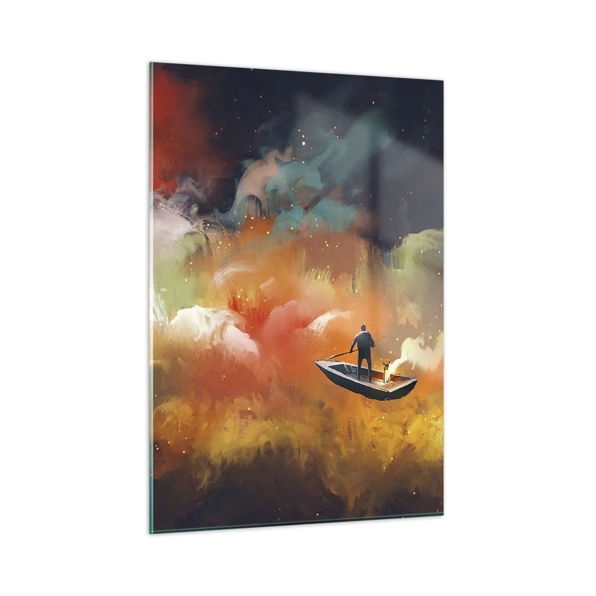 Impression sur verre - Image sur verre - Une silhouette sur un bateau flottant parmi des nuages galactiques colorés - 50x70cm - En bateau à travers la galaxie - Décoration murale moderne pour le salon et la chambre ARTTOR