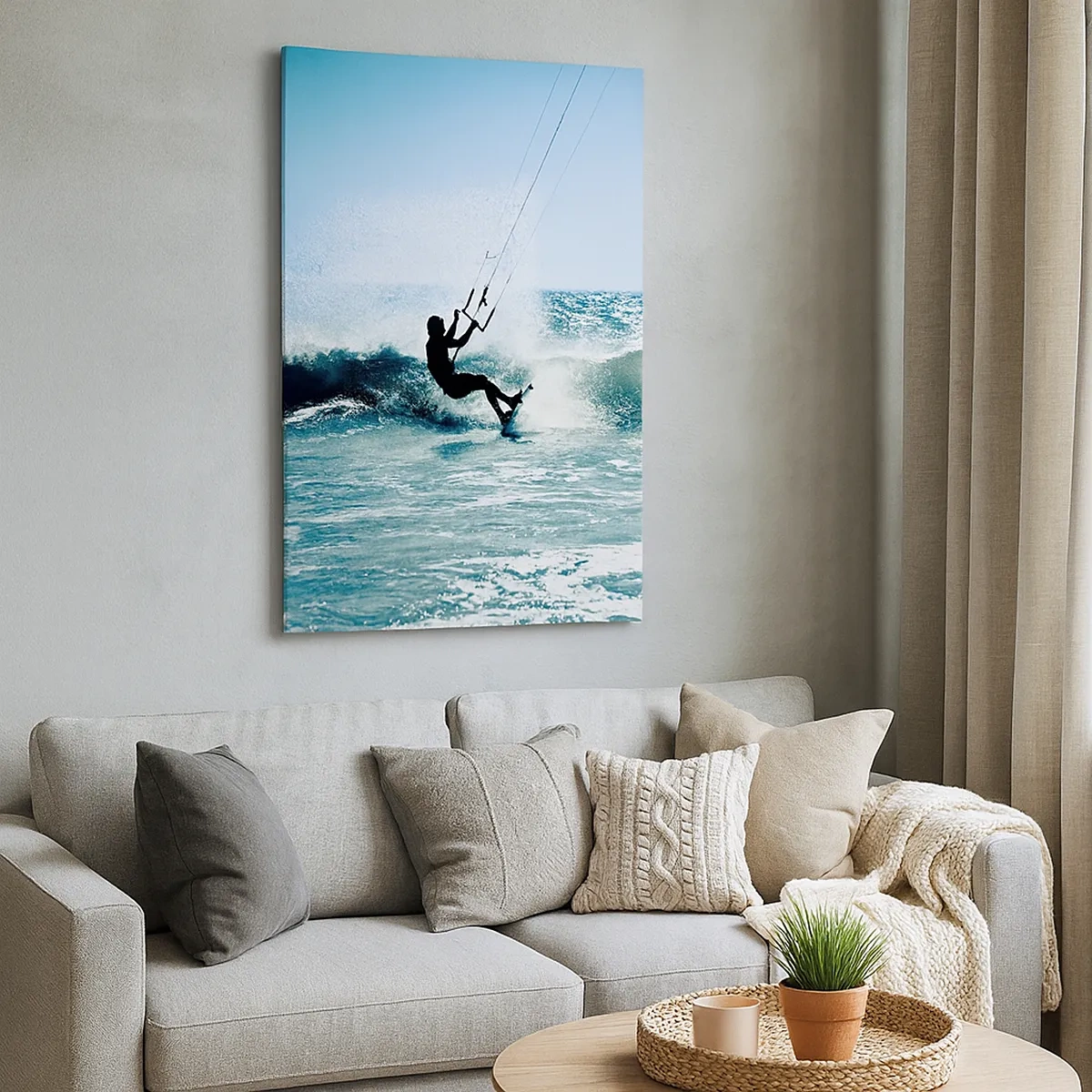 Impression sur toile - Image sur toile - Kitesurfeur sur une vague en plein soleil - 50x70cm - On se laisse emporter - Décoration murale moderne pour le salon et la chambre ARTTOR