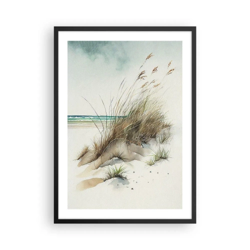 Affiche dans un cadre noir - Poster - Dunes de style aquarelle avec des herbes au bord d'une mer calme - 50x70cm - Recouvert de sable - Décoration murale moderne pour le salon et la chambre ARTTOR