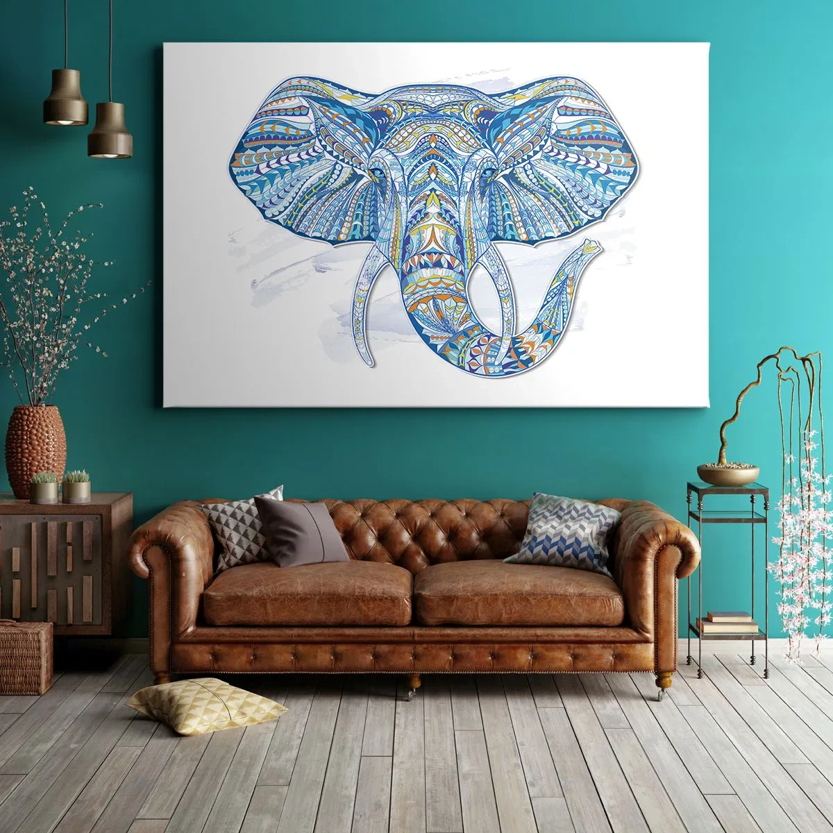 Impression sur toile - Image sur toile - Éléphant géométrique dans les tons bleu et or - 70x50cm - Incrusté d'or et de bleu ciel - Décoration murale moderne pour le salon et la chambre ARTTOR