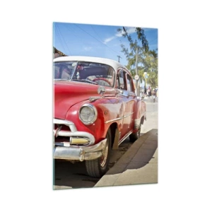 Impression sur verre - Image sur verre - Voiture vintage rouge dans une rue de la ville - 50x70cm - Seulement à Cuba - Décoration murale moderne pour le salon et la chambre ARTTOR